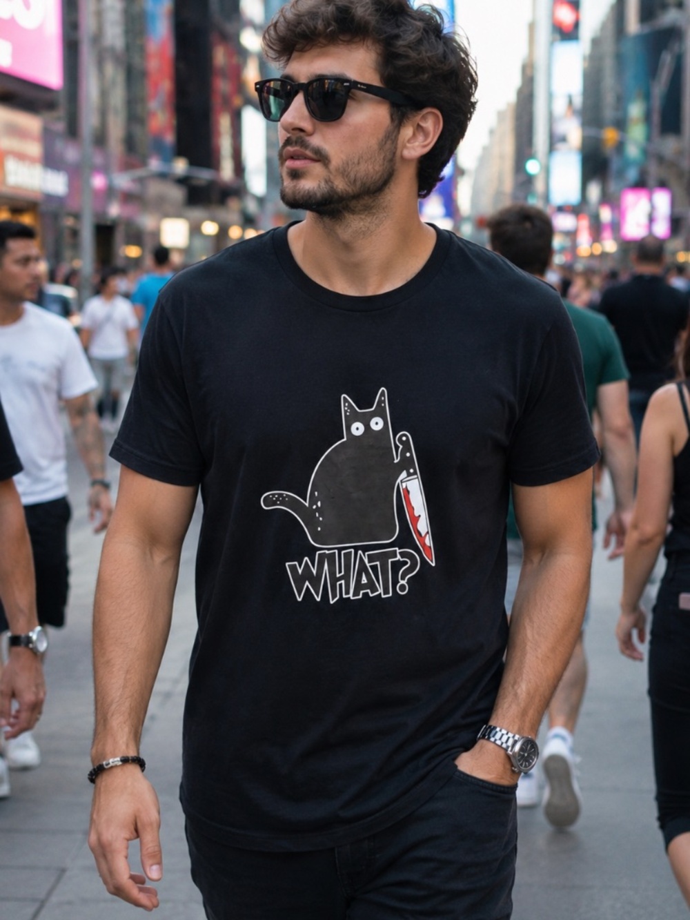 Black Cat What? Bloody Knife Graphic Funny Horror Goth Emo Kitty T-Shirt Sz L